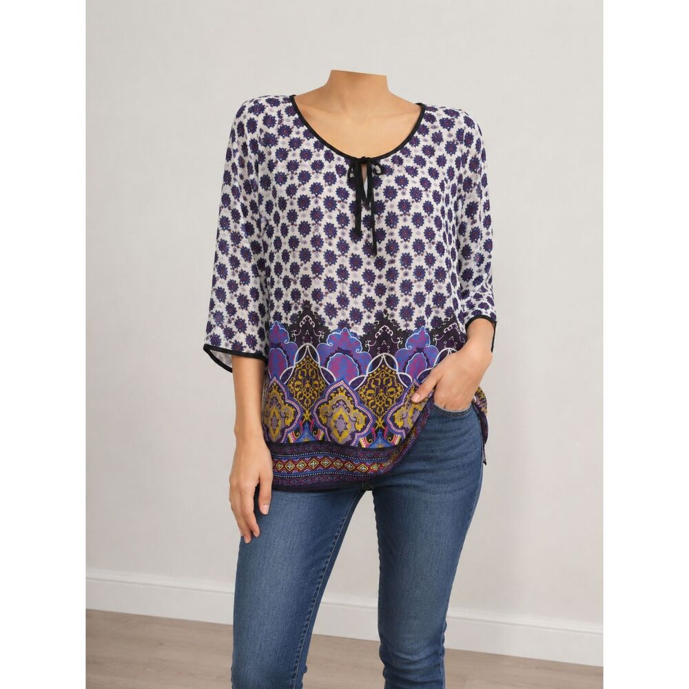 Gibson & Latimer Women's Boho Print Blouse Size L 3/4 Sleeve Tie Neck Top